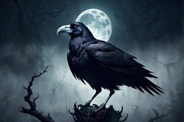 raven on the tree with a moon in the backgorund - obrazy, fototapety, plakaty