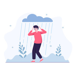 Man in depression standing in the rain