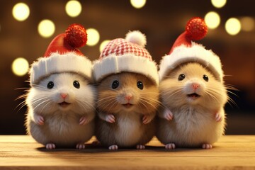 Three hamsters in winter hats on the background of bokeh lights.