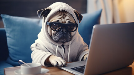 Smart dog using computer. Funny pet in gray jumper and nerd glasses typing on laptop keyboard. Freelancer lifestyle working from home - obrazy, fototapety, plakaty