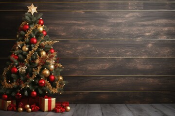 Fototapeta na wymiar Christmas tree with decorations and ornaments in a wooden background