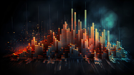 stock market concept using a gradient backdrop, incorporating rising and falling bar charts and a mix of financial icons