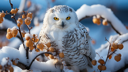 A snowy owl on a branch surrounded by quiet snow 