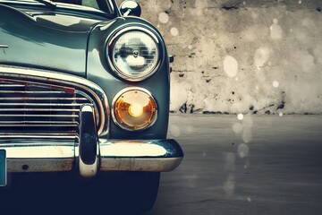 old car background vehicle sale auto Copy detail beautiful headlam concrete antique wall repair The cars Concept headlight retro transportation banners front space shiny car old classic automobile - obrazy, fototapety, plakaty