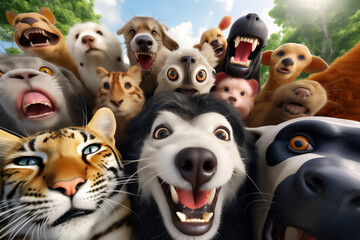 wefie various animal with smile and happy face, lion, tiger, deer, monkey, crocodile, birds, wolf, elephant, bulls, owl, lady bugs, butterfly, cat, hyper realistic, beautiful dreammy light, bright eye