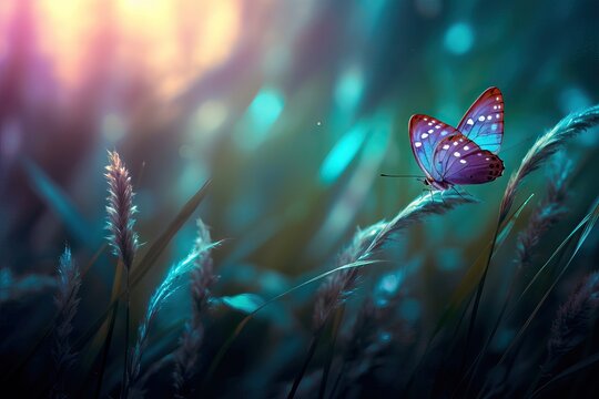 spring dream moonlight beaut artistic summer purple background night nature butterfly blue magical Butterfly image macro grass nature Fabulous tones shining meadow copy