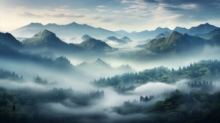beautiful foggy morning in the mountains