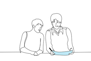 adult man holds a sheet of paper or a notebook in his hands and a young man sits next to him - one line art vector. concept male tutor checking work of male student