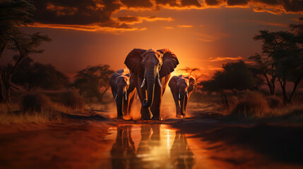 Fototapeta na wymiar The elephant family walked under the sun as a background.
