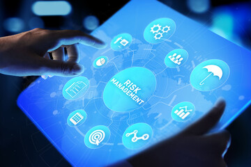 Risk management forecasting evaluation financial business concept on virtual screen.