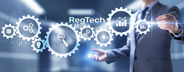 Regtech Regulation and supervision technology concept on virtual screen.