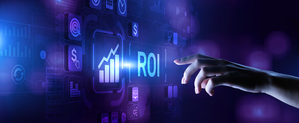 ROI return on investment stok trading business finance concept on virtual screen. - obrazy, fototapety, plakaty