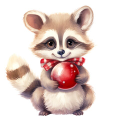 Fototapeta na wymiar Watercolor cute raccoon holding red christmas bauble