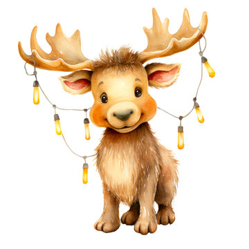 Watercolor cute moose with christmas light 