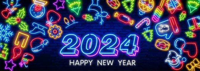 2024 neon labels collection. Happy New Year banners on brick wall. Comics explosion frame. - 642356800