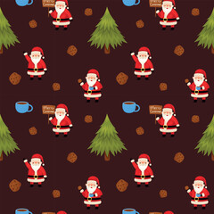 Fototapeta premium Seamless Christmas pattern with cute Santa Claus character with cup of tea, hot chocolate, cookies and Christmas tree on a dark red background. Decorative winter ornament. Merry Christmas wooden sign