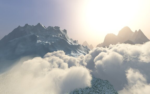 Snowy peaks over a sea of clouds, the rays of the sun in the mountains above the clouds, 3d rendering