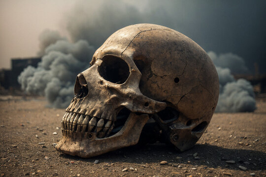 An old skull in a vacant lot and black smoke behind.