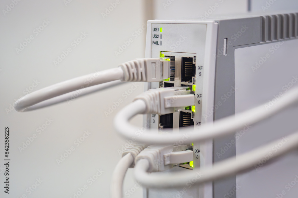 Poster network router. internet cables are connected to modem. fragment router close-up. white modem to pro