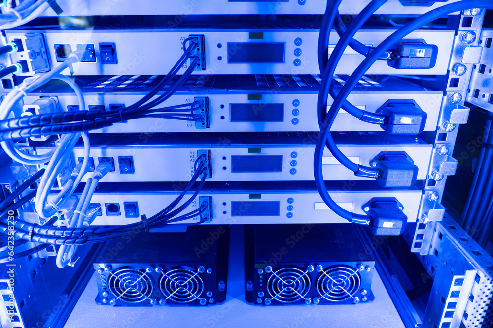 Poster server equipment. telecommunication technologies. server platform with network and electrical wires.