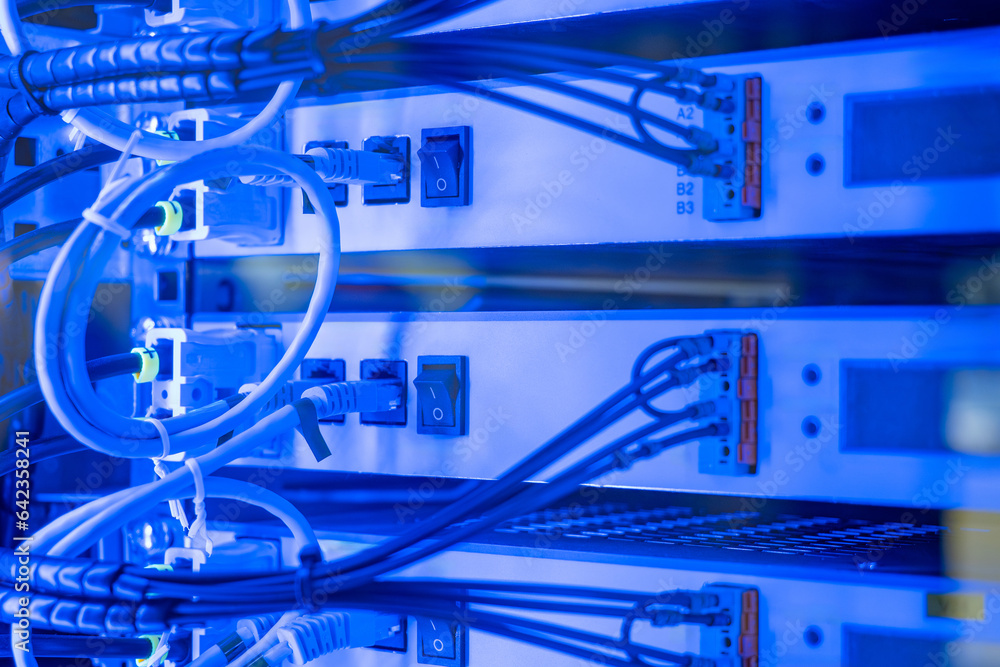 Poster server platforms with wires. electrical equipment in neon light. server platforms for enterprise dig