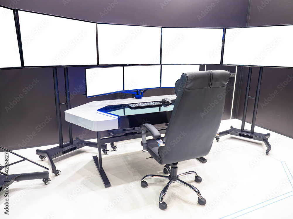 Poster workplace enterprise manager. many displays for monitoring production process. monitoring center. mo
