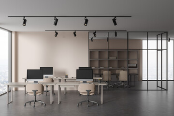 Beige open space office and meeting room interior