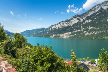 Obraz premium Panoramic view of Lake Walensee (Lake Walen), Quarten, Canton St. Gallen, Switzerland