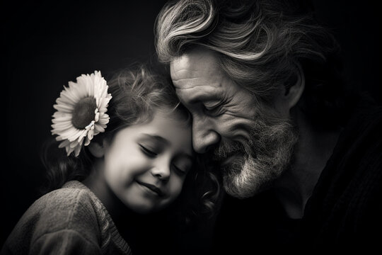 Portrait of old stylish grandfather gently hugging his granddaughter. Family caring, deep emotional connection between generation concept. Digital Ai