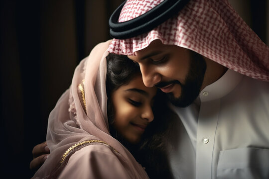 Emotional Portrait of a Young Modern Saudi Arabian Married Couple. Digital Ai