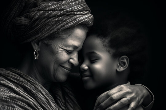 Warm , emotional portrait of African grandmother and granddaughter wearing traditional clothes. Family traditions, connection, togetherness, concept. Digital Ai