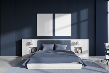 Blue bedroom interior with two posters
