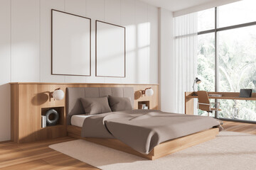 Fototapeta na wymiar Cozy bedroom interior bed and work space near panoramic window. Mockup frame