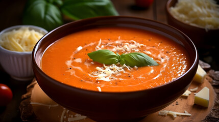 A bowl of creamy and aromatic tomato basil bisque with a sprinkle of Parmesan