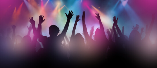 Party in nightclub. Disco background. Dancing people silhouettes. Dance news. Rave in club. Dance...