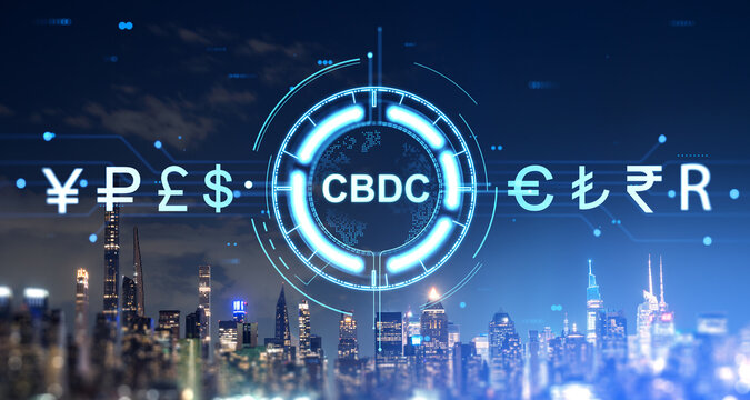 New York cityscape and CBDC glowing hologram with different currency icons