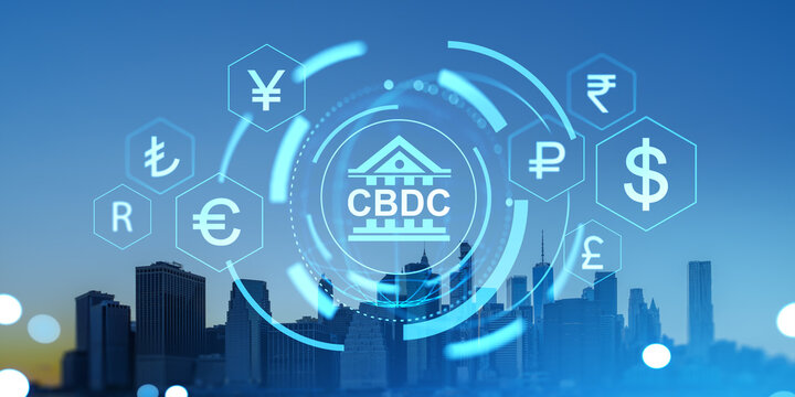 New York silhouette and CBDC glowing hologram with different currency icons