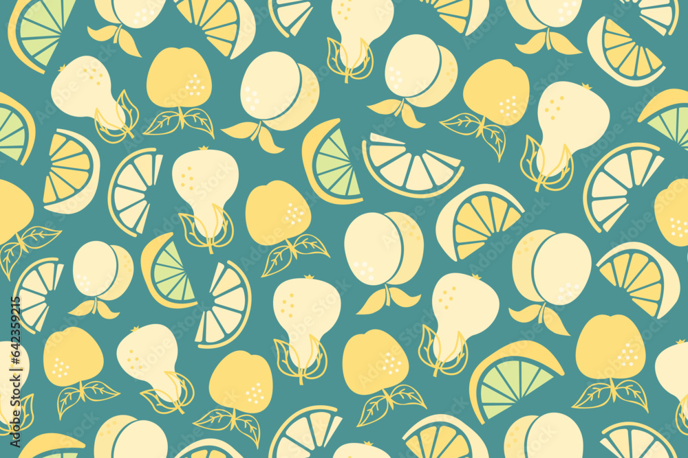 Poster seamless pattern with fruits. repeating colorful pattern with apples, pears, peaches, lemons and lim