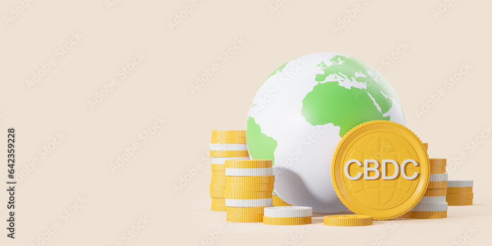 Poster cbdc and stacks of coins with earth sphere, digital currency copy space