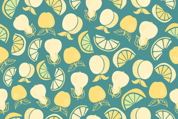Seamless pattern with fruits. Repeating colorful pattern with apples, pears, peaches, lemons and limes.