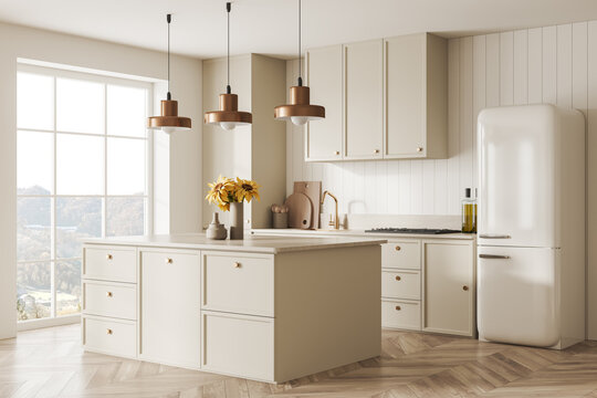 Beige home kitchen interior with bar island and cooking zone, panoramic window