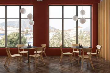 Orange and wooden cafe interior with windows