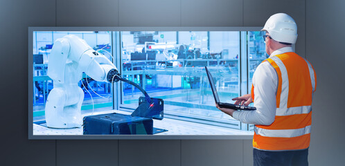 Industrial engineer. Remote control of arm manipulator. Engineer with laptop back to camera. Industrial arm manipulator behind glass. Contactless manufacturing process. Industrial automation