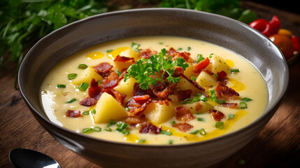 A bowl of creamy and comforting corn chowder with bacon and potatoes