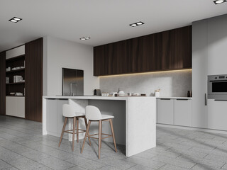 White, gray and wooden kitchen corner with island