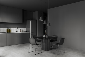 Grey home kitchen interior with eating and cooking space, mock up wall