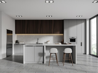 Luxury home kitchen interior with bar island and cooking space, panoramic window