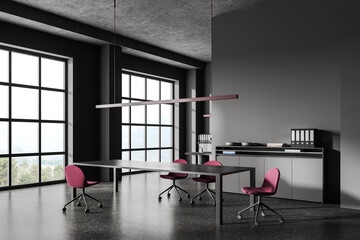 Grey office interior with meeting table and red seats, sideboard with window