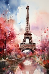 Watercolor Eiffel Tower on the background of trees with red foliage. Autumn Parisian landscape.