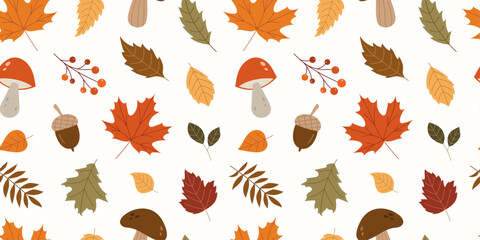 Seamless autumn pattern with mushrooms, leaves, acorns